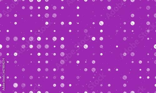 Seamless background pattern of evenly spaced white tennis balls of different sizes and opacity. Vector illustration on purple background with stars