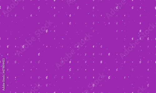 Seamless background pattern of evenly spaced white cent symbols of different sizes and opacity. Vector illustration on purple background with stars