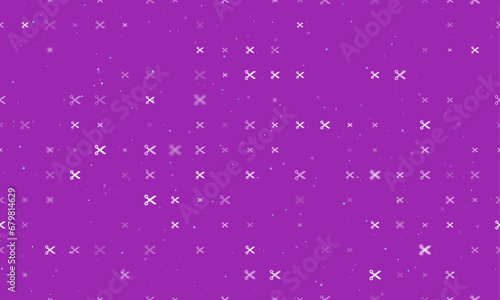 Seamless background pattern of evenly spaced white scissors symbols of different sizes and opacity. Vector illustration on purple background with stars