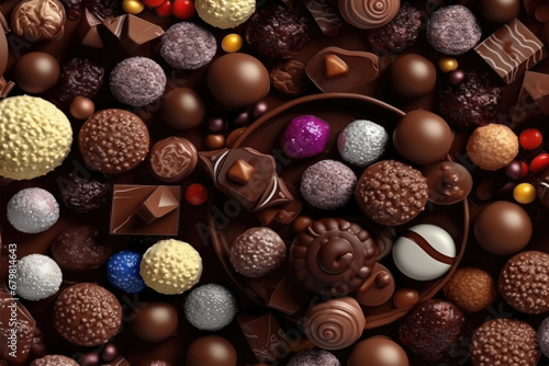 variety chocolate pralines.mix of chocolate candies.Background