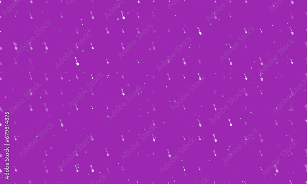 Seamless background pattern of evenly spaced white shovel symbols of different sizes and opacity. Vector illustration on purple background with stars