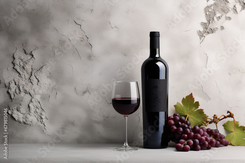 暗い石の背景にボトルとブドウの赤ワイン、　背景画像,Red wine in bottle and grapes on dark stone background, Generative AI photo