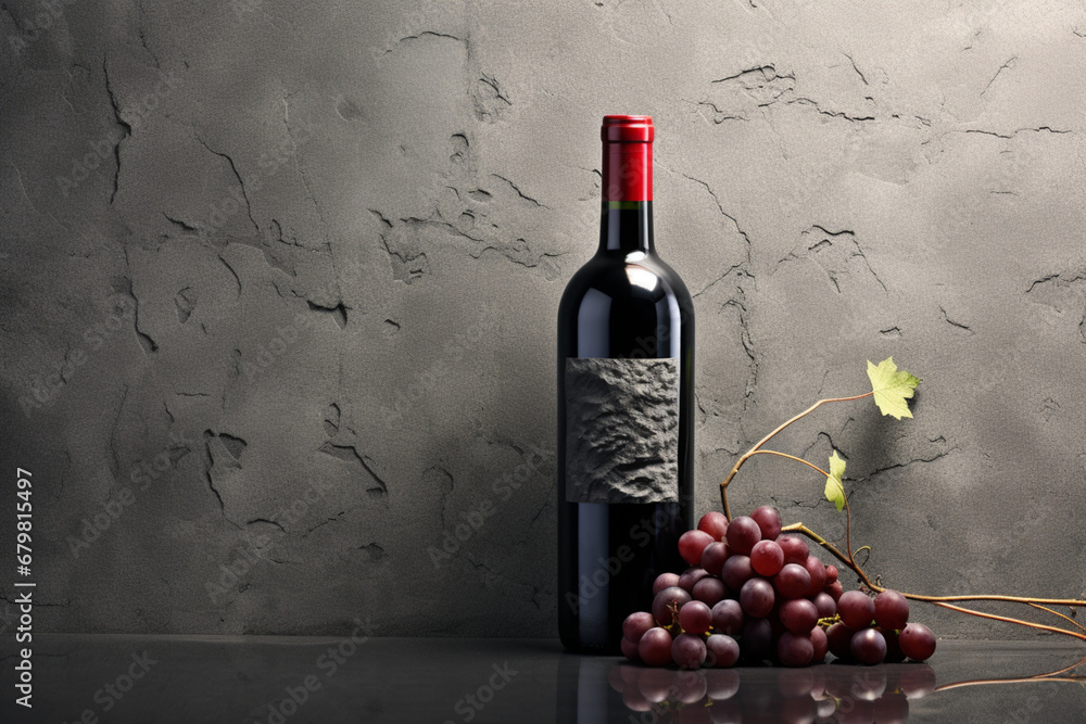 暗い石の背景にボトルとブドウの赤ワイン、　背景画像,Red wine in bottle and grapes on dark stone background, Generative AI - obrazy, fototapety, plakaty 