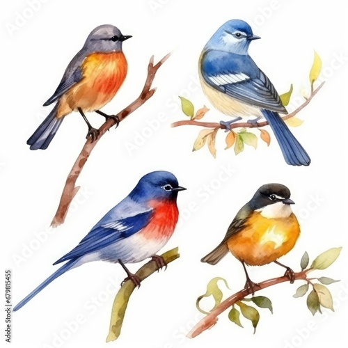 set various small winter birds on a branch of watercolors on white background