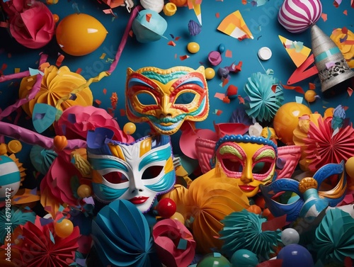 Colorful carnival, festival or birthday party with masks, gliders, candy, confetti and other party items, AI generator