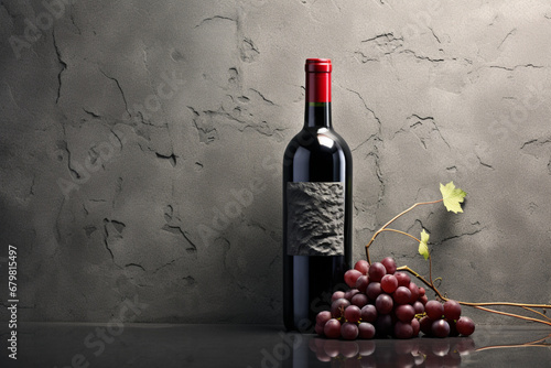 暗い石の背景にボトルとブドウの赤ワイン、 背景画像,Red wine in bottle and grapes on dark stone background, Generative AI