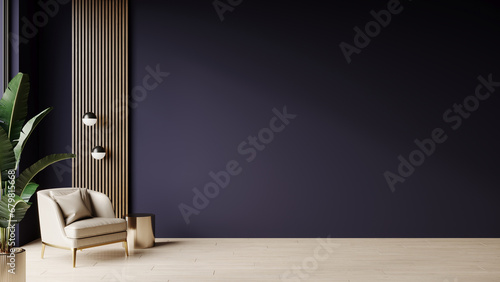 Blue living room - modern interior and furniture design. Mockup for art - empty painted navy dark indigo wall. Ivory beige chair and blank colorful cyan background. Luxury premium lounge. 3d render