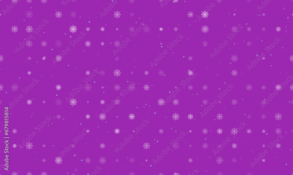 Seamless background pattern of evenly spaced white spider web symbols of different sizes and opacity. Vector illustration on purple background with stars