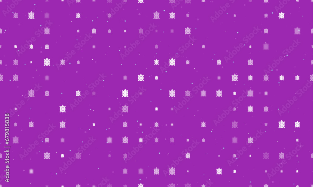 Seamless background pattern of evenly spaced white turtle symbols of different sizes and opacity. Vector illustration on purple background with stars