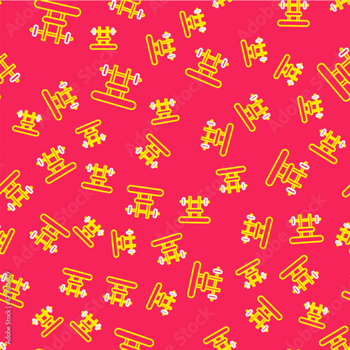 Line Bench with barbel icon isolated seamless pattern on red background. Gym equipment. Bodybuilding, powerlifting, fitness concept. Vector