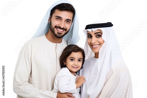 A Muslim family portrait: parents and children together, radiating love and togetherness isolated on white background.