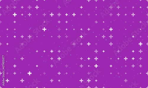 Seamless background pattern of evenly spaced white plus symbols of different sizes and opacity. Vector illustration on purple background with stars