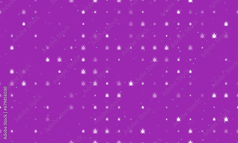 Seamless background pattern of evenly spaced white bug symbols of different sizes and opacity. Vector illustration on purple background with stars Seamless background pattern of evenly spaced white bug symbols of different sizes and opacity. Vector illustration on purple background with stars