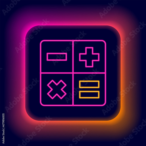 Glowing neon line Calculator icon isolated on black background. Accounting symbol. Business calculations mathematics education and finance. Colorful outline concept. Vector