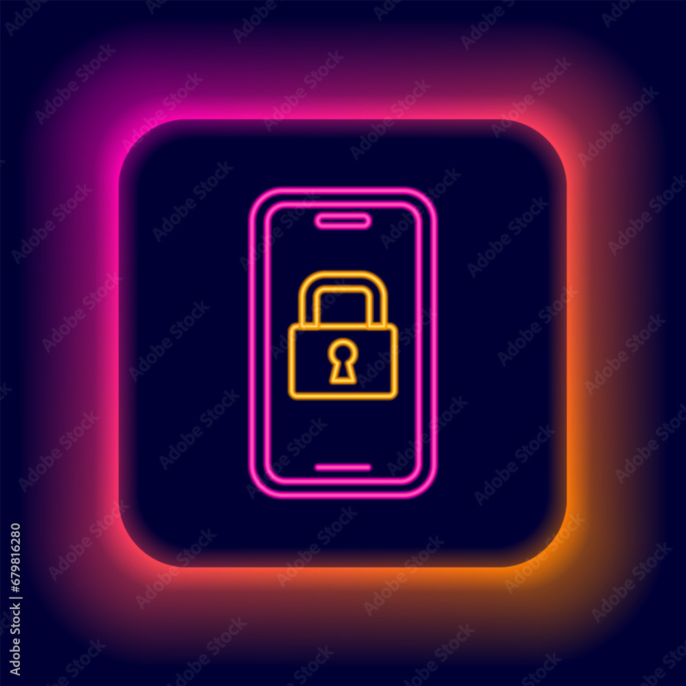 Glowing neon line Digital door lock with wireless technology for lock icon isolated on black background. Door handle sign. Security smart home. Colorful outline concept. Vector