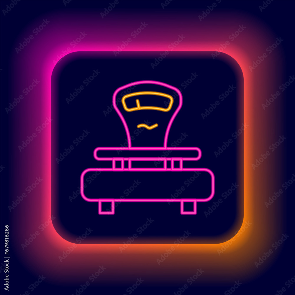 Glowing neon line Scales icon isolated on black background. Weight measure equipment. Colorful outline concept. Vector Glowing neon line Scales icon isolated on black background. Weight measure equipment. Colorful outline concept. Vector