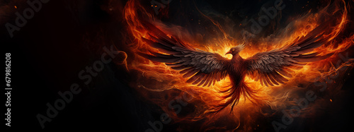 The fiery phoenix bird is reborn from the ashes. symbol of new life. fairytale concept.banner photo