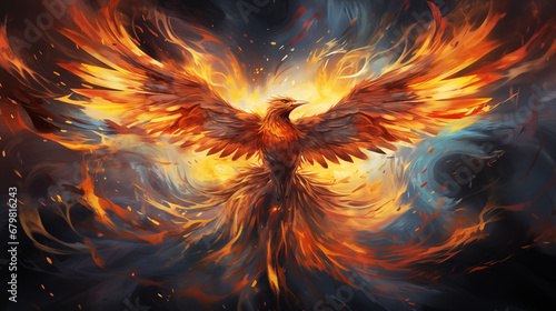 The fiery phoenix bird is reborn from the ashes. symbol of new life. fairytale concept photo