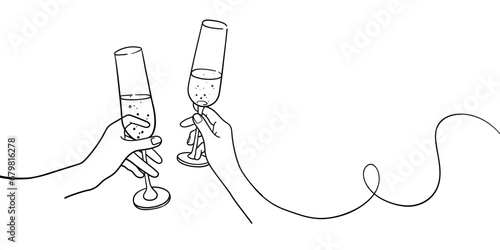 Continuous line champagne cheers one line art, continuous drawing contour on blue background. Wine glasses with drinks. Cheers toast festive decoration for holidays. Vector illustration