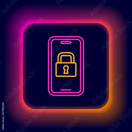 Glowing neon line Digital door lock with wireless technology for lock icon isolated on black background. Door handle sign. Security smart home. Colorful outline concept. Vector