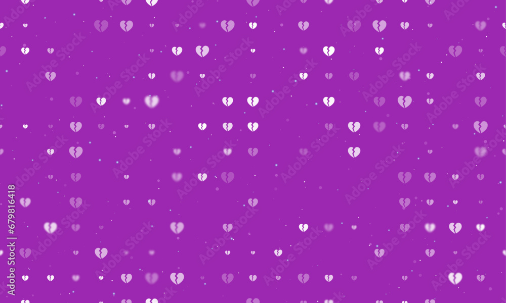 Seamless background pattern of evenly spaced white broken heart symbols of different sizes and opacity. Vector illustration on purple background with stars Seamless background pattern of evenly spaced white broken heart symbols of different sizes and opacity. Vector illustration on purple background with stars