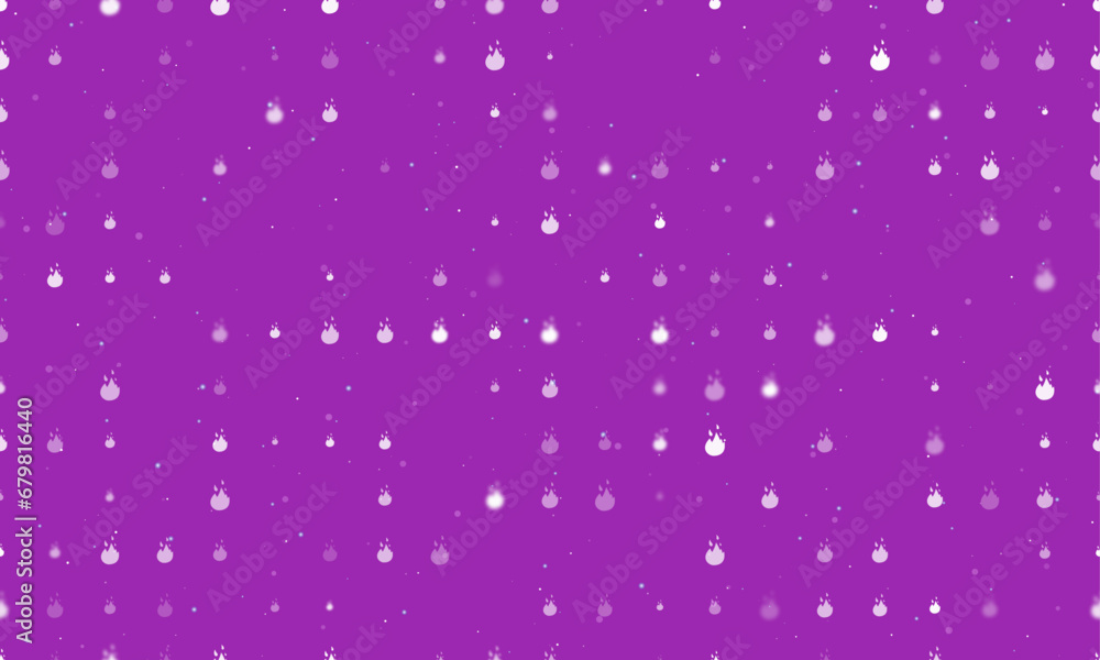 Seamless background pattern of evenly spaced white fire symbols of different sizes and opacity. Vector illustration on purple background with stars