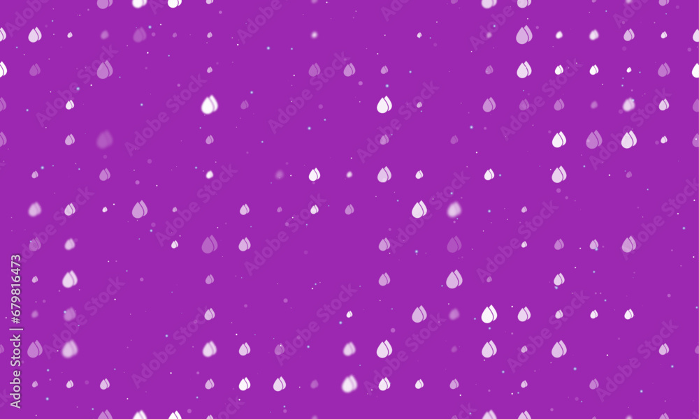 Seamless background pattern of evenly spaced white water drop symbols of different sizes and opacity. Vector illustration on purple background with stars