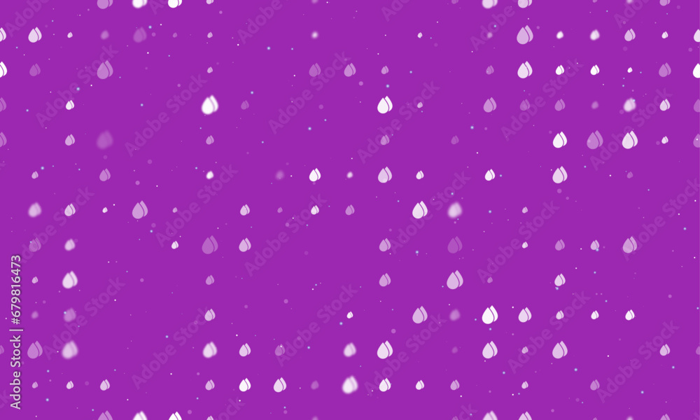 Seamless background pattern of evenly spaced white water drop symbols of different sizes and opacity. Vector illustration on purple background with stars Seamless background pattern of evenly spaced white water drop symbols of different sizes and opacity. Vector illustration on purple background with stars
