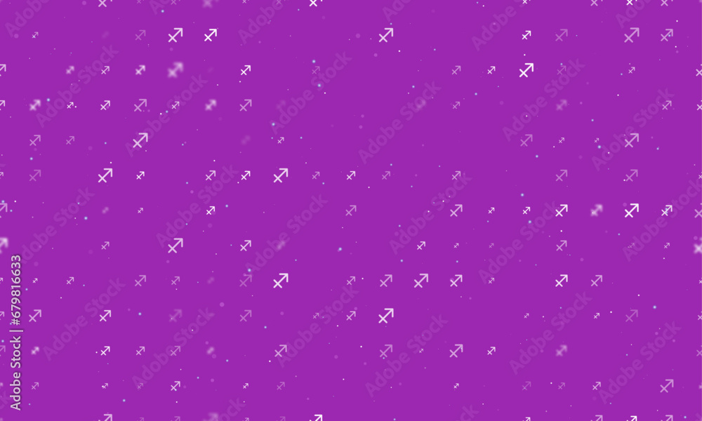 Seamless background pattern of evenly spaced white zodiac sagittarius symbols of different sizes and opacity. Vector illustration on purple background with stars
