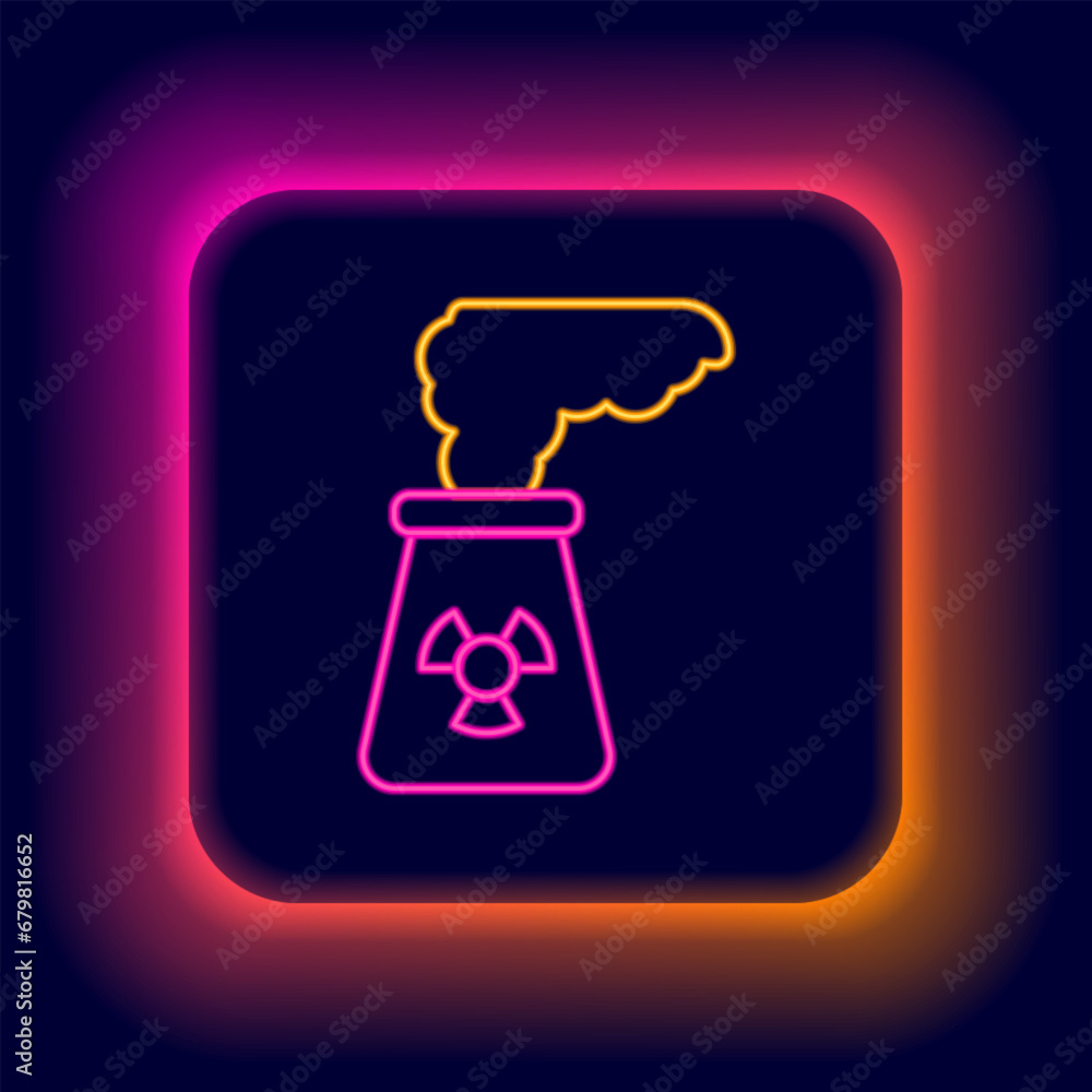 Glowing neon line Nuclear power plant icon isolated on black background. Energy industrial concept. Colorful outline concept. Vector Glowing neon line Nuclear power plant icon isolated on black background. Energy industrial concept. Colorful outline concept. Vector