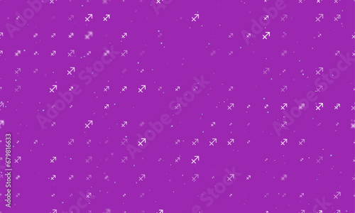 Seamless background pattern of evenly spaced white zodiac sagittarius symbols of different sizes and opacity. Vector illustration on purple background with stars