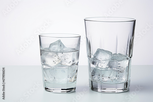 Two glasses of water with ice cubes on white background, studio shot