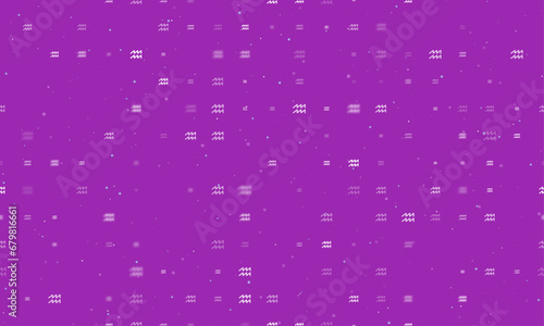 Seamless background pattern of evenly spaced white zodiac aquarius symbols of different sizes and opacity. Vector illustration on purple background with stars