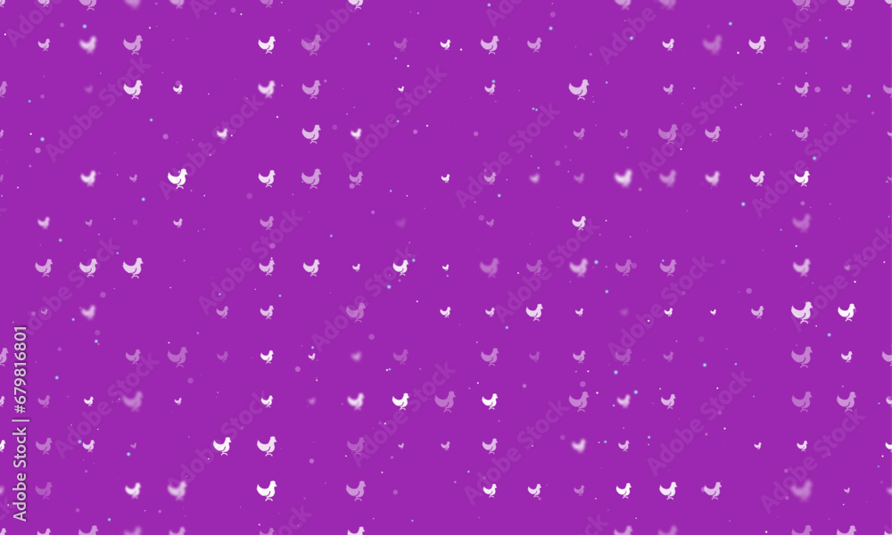 Seamless background pattern of evenly spaced white chicken symbols of different sizes and opacity. Vector illustration on purple background with stars