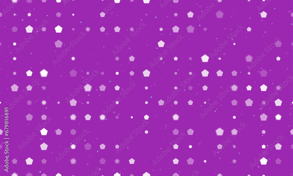 Seamless background pattern of evenly spaced white pentagon symbols of different sizes and opacity. Vector illustration on purple background with stars