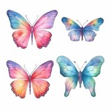 set colorful butterflies of watercolors on white background