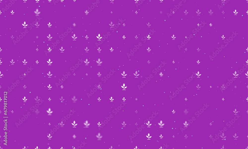Seamless background pattern of evenly spaced white sprout symbols of different sizes and opacity. Vector illustration on purple background with stars