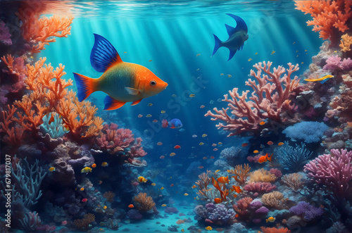 Colorful tropical coral reef and fish in the ocean, sea. Underwater seascape, marine wildlife, places for diving and snorkeling.