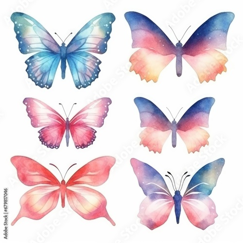 set colorful butterflies of watercolors on white background © Nikolai