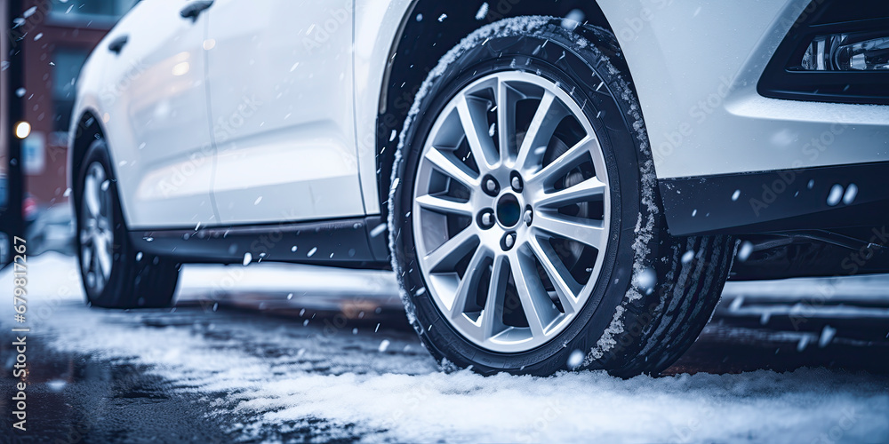 detail of car winter tires on a snowy road in a winter - winter driving safety concept