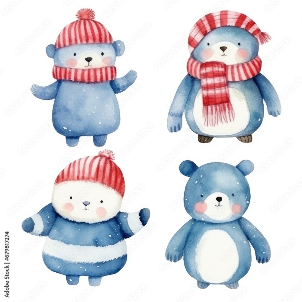 set different cartoon winter cute animals character of watercolors on white background set different cartoon winter cute animals character of watercolors on white background