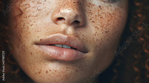 Close up of freckles on mixed race woman with her eyes closed with generative ai