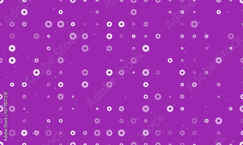 Seamless background pattern of evenly spaced white record media symbols of different sizes and opacity. Vector illustration on purple background with stars