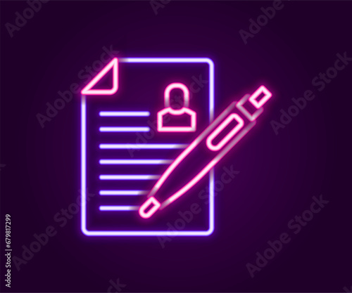 Glowing neon line Resume icon isolated on black background. CV application. Searching professional staff. Analyzing personnel resume. Colorful outline concept. Vector