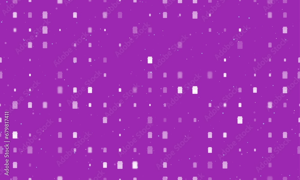 Seamless background pattern of evenly spaced white jar of jam symbols of different sizes and opacity. Vector illustration on purple background with stars Seamless background pattern of evenly spaced white jar of jam symbols of different sizes and opacity. Vector illustration on purple background with stars
