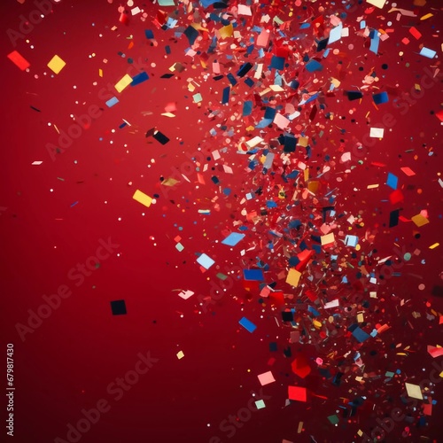 Colorful confetti on a red background, ai generator