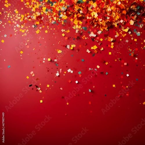 Colorful confetti on a red background, ai generator