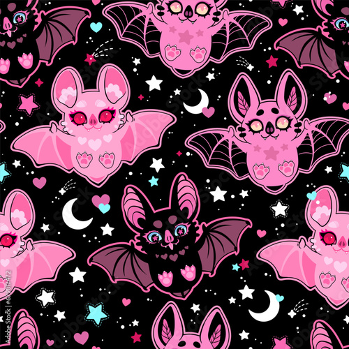 Seamless vector pattern of pink cute flying bats