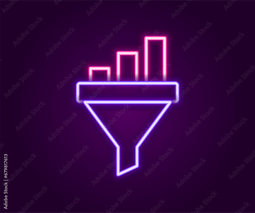 Glowing neon line Sales funnel with chart for marketing and startup business icon isolated on black background. Infographic template. Colorful outline concept. Vector Glowing neon line Sales funnel with chart for marketing and startup business icon isolated on black background. Infographic template. Colorful outline concept. Vector
