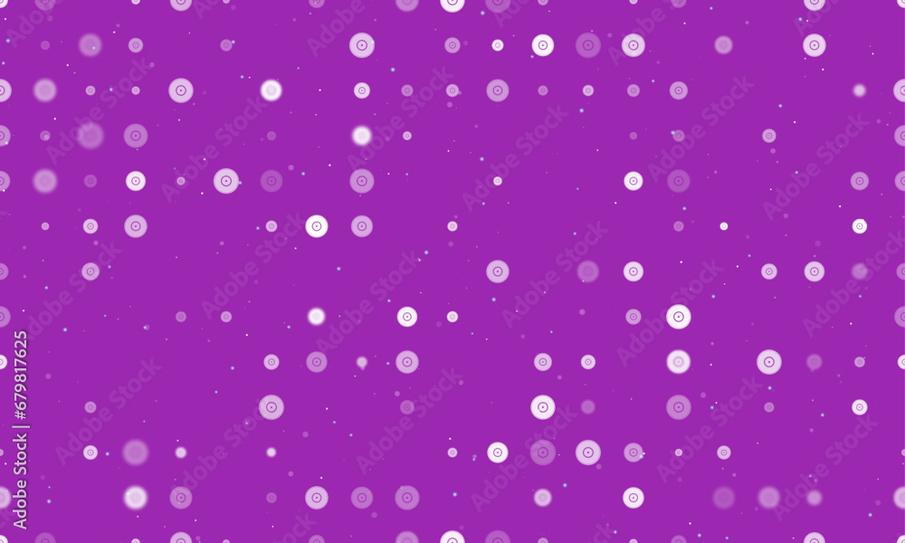 Seamless background pattern of evenly spaced white gramophone record symbols of different sizes and opacity. Vector illustration on purple background with stars